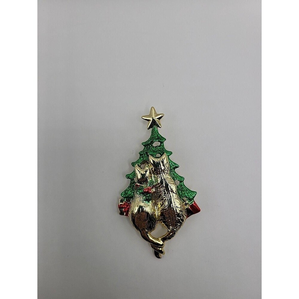 Vintage‎ AJC Christmas Cats Brooch: Gold Tone Glitter Enamel Tree Pin - Picture 6 of 10